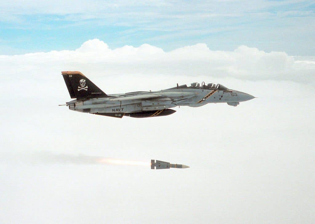 The one clear advantage the F-14 has over the F-15 is reach — the AIM-54 Phoenix has much longer range than the AIM-7 Sparrow, but the Phoenix isn't good at killing fighters. (U.S. Navy photo by Capt. Dana Potts)