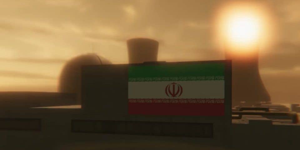 A screenshot showing a flash before the destruction Iran's Bushehr Nuclear Power Plant in a propaganda video showing the might of the Saudi military