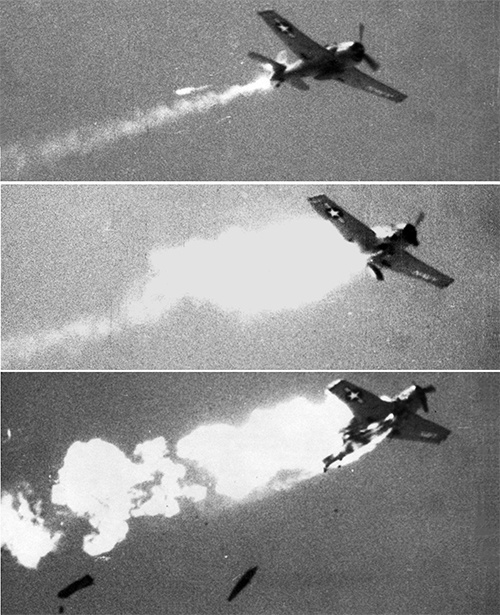 A F6F Hellcat meets its end at the hands of an AIM-9B Sidewinder missile in 1957, more than a decade after the end of World War II.<br>(U.S. Navy)