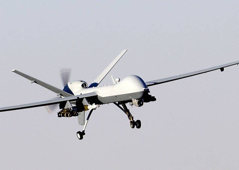 A MQ-9 Reaper unmanned aerial vehicle prepares to land after a mission in support of Operation Enduring Freedom in Afghanistan. The Reaper has the ability to carry both precision-guided bombs and air-to-ground missiles.