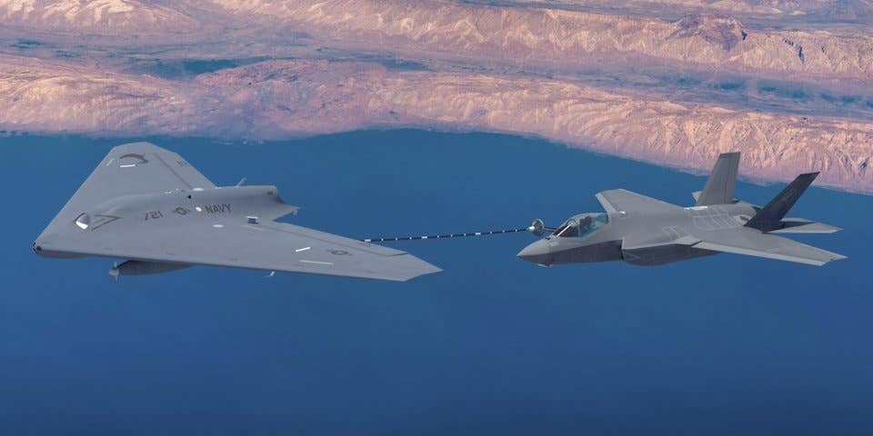 Concept image of Lockheed Martin's MQ-25 Stingray conducting an aerial refueling mission for an F-35.