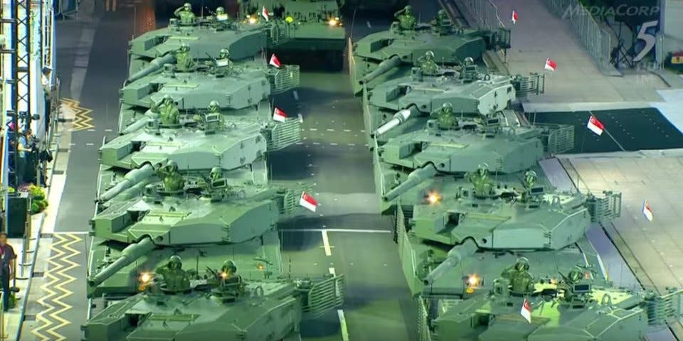 Leopard 2SGs from the Singapore Armed Forces Mobile Coumn at the Singapore National Day Parade, August 9, 2015.