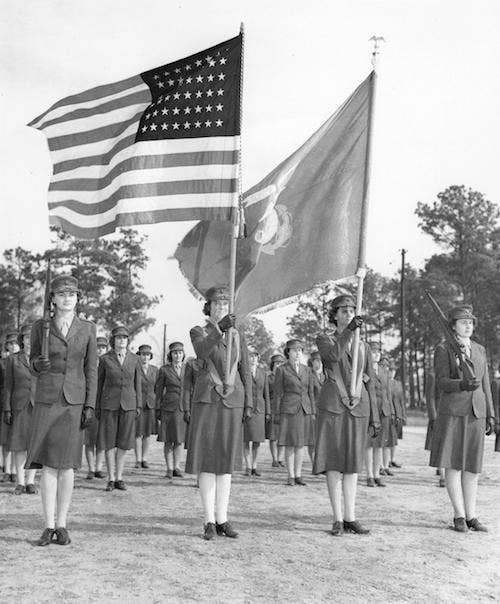 A color guard of female Marines operates on Camp Lejeune, N.C., 1943.