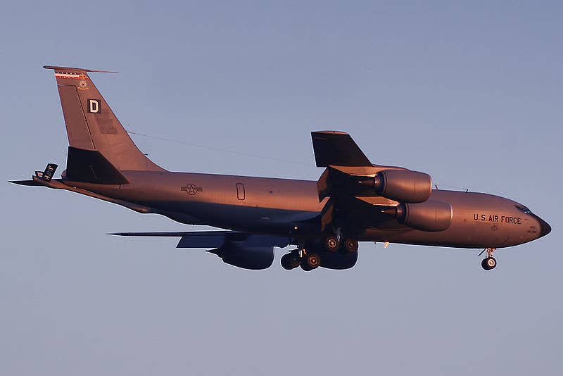 A 100 ARW KC-135 landing at RAF Mildenhall, UK
