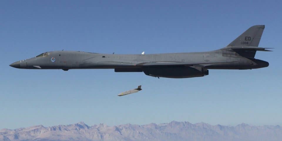 A B-1 bomber dropping a Joint Air-to-Surface Standoff Missile.