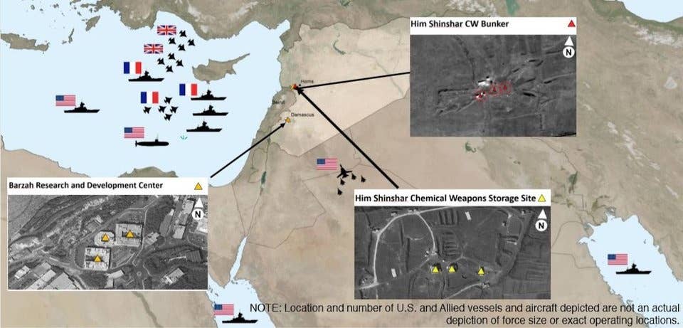 A News Briefing Slide from the US Department of Defense showing how the April 13, 2018 strikes on Syria played out.