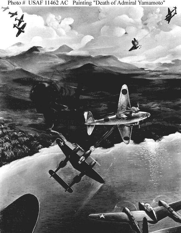 Painting depicting the moment that Capt. Thomas G. Lanphier, Jr. shot down the Mitsubishi G4M "Betty" carrying Isoroku Yamamoto <a href="http://www.ibiblio.org/hyperwar/OnlineLibrary/photos/images/f000001/f011462.jpg" target="_blank" rel="noreferrer noopener">(</a>USAF photo)