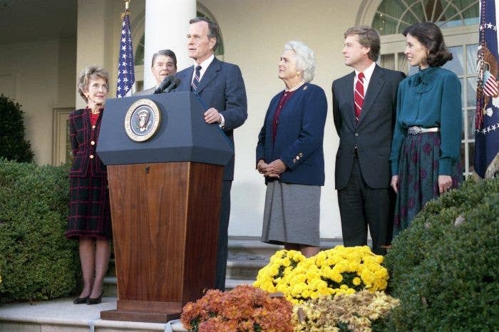 President-elect andu00a0Mrs. Bush and Vice President-elect and Mrs. Quayle visit President and Mrs. Reagan at the White House the day after the election.
