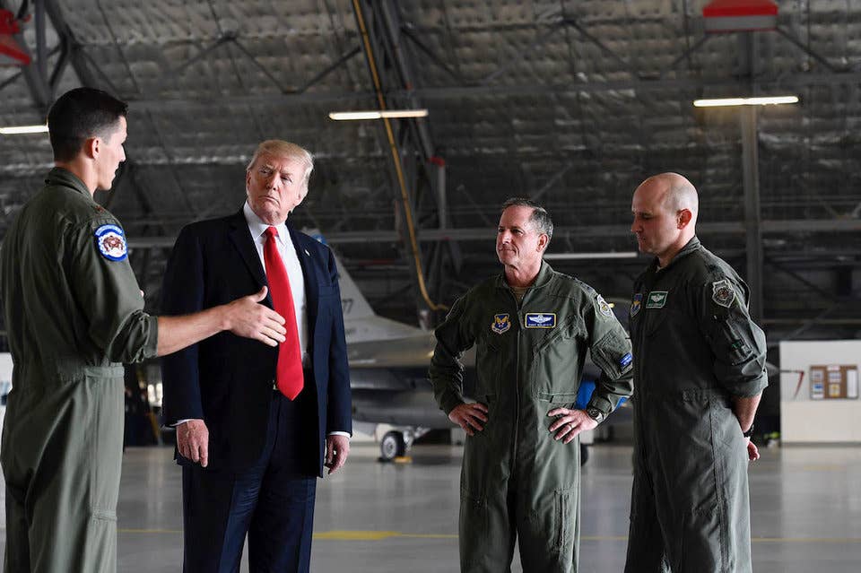 President Donald Trump and Air Force Chief of Staff Gen. David L. Goldfein, meet with airmen at Joint Base Andrews, Maryland, September 15, 2017.
