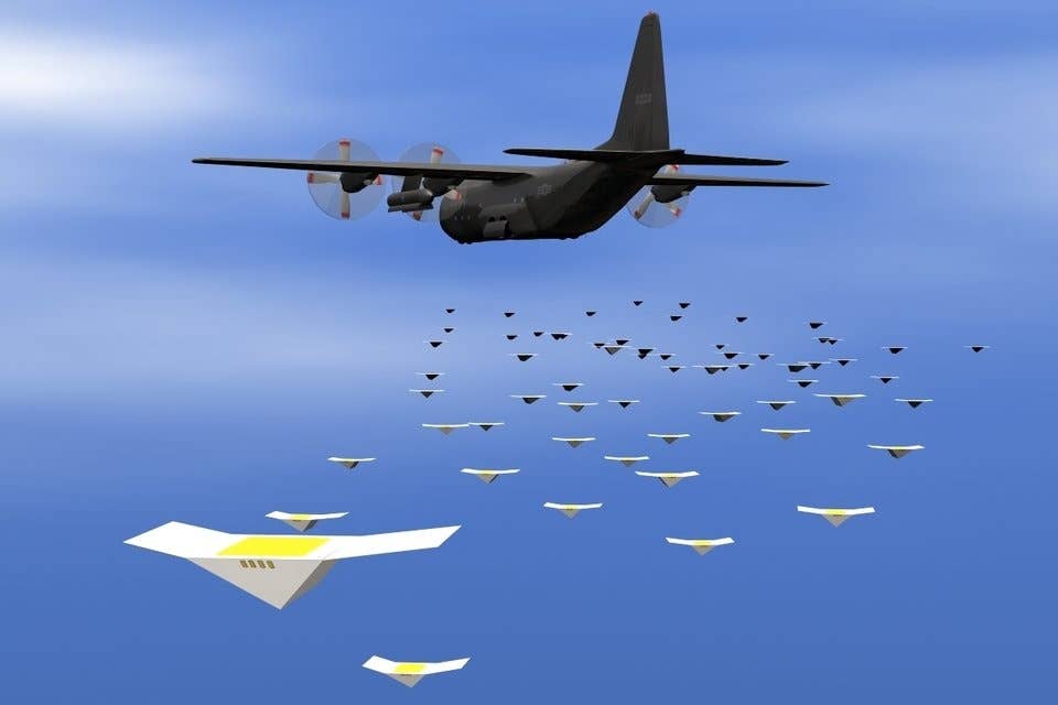 A Navy artistic depiction of a drone swarm launched from a cargo aircraft.