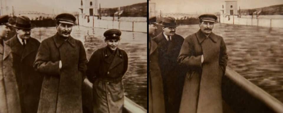 Stalin (center) with Nikolai Yezhov to his left. After Yezhov's execution, he was airbrushed out of the photo.