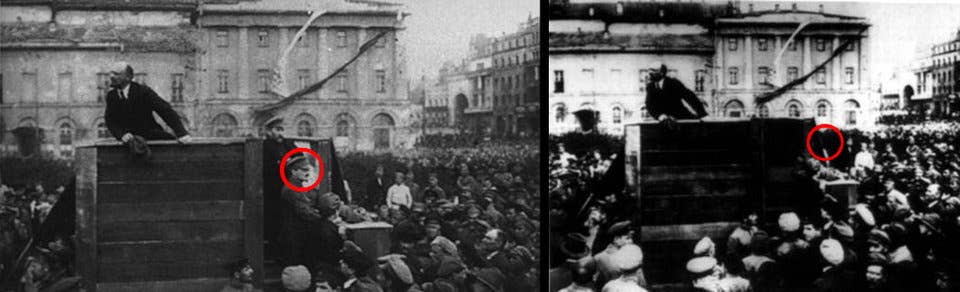 Formerly close comrades, Trotsky appears in the image on the left at one of Lenin's speeches; the same image, altered after the two split, shows Trotsky deleted.