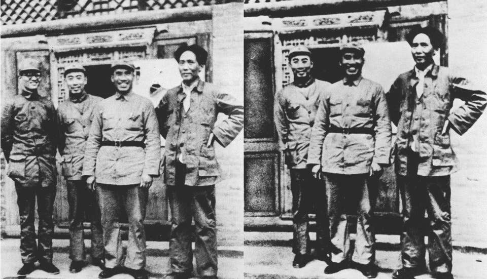 Bo Gu, far left, appears in the photo with Mao Zedong and comrades; in the later photo, he is missing.