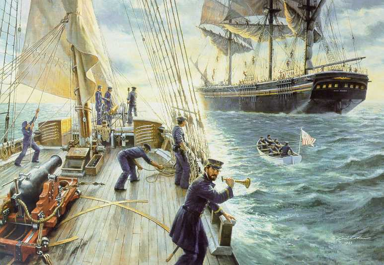 This painting depicts the cutter Morris on patrol in July 1861, when its crew boarded the merchant ship Benjamin Adams, while carrying 650 Scottish and Irish immigrants at the time.
