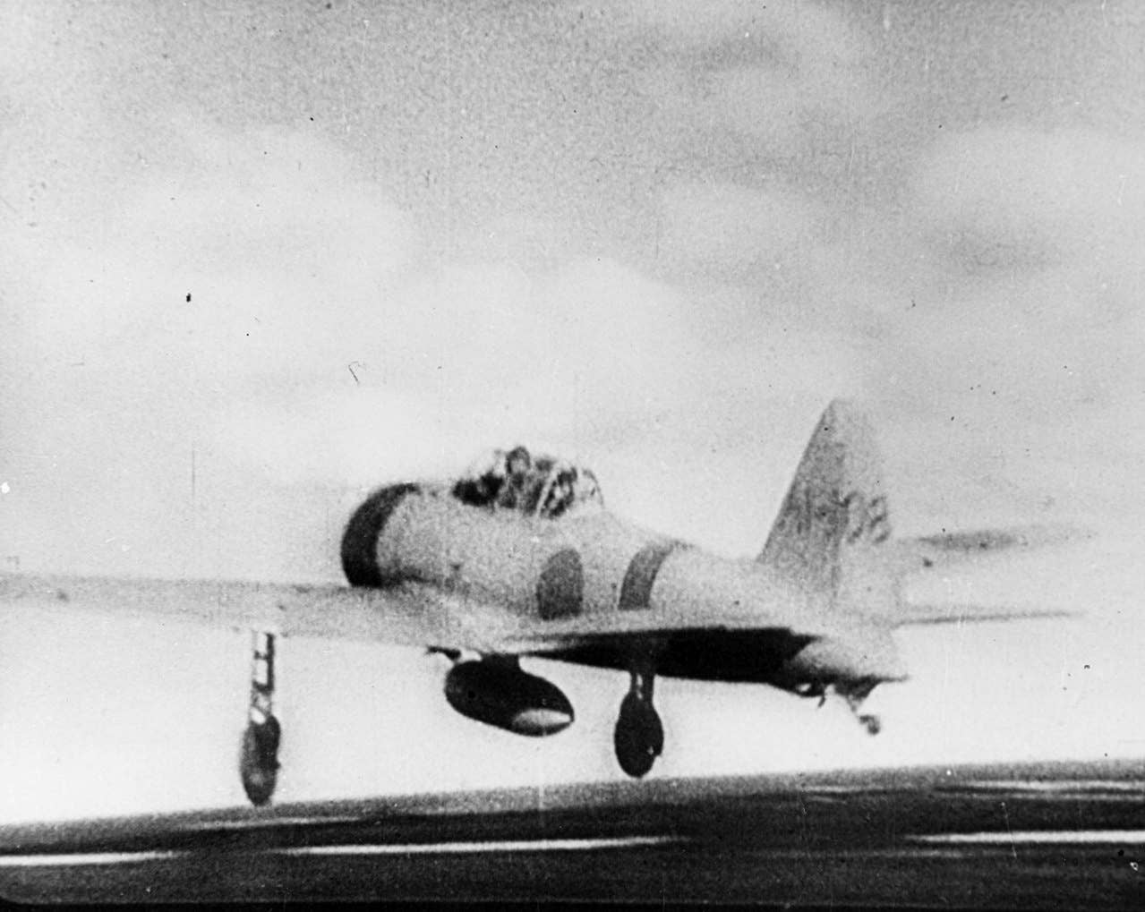 A Mitsubishi A6M Zero takes off from the Zuikaku.<br>(U.S. Navy)
