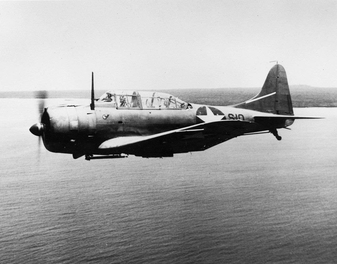 A Douglas SBD Dauntless assigned to VS-2 on USS Lexington in flight. "Lady Lex" had 36 of these planes at the Coral Sea.<br>(U.S. Navy)