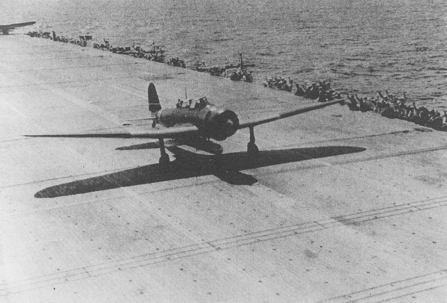 A Nakajima B5N "Kate" on Shokaku during the Battle of the Coral Sea. The Japanese carriers brought 51 of these planes to the Coral Sea.<br>(Imperial Japanese Navy)