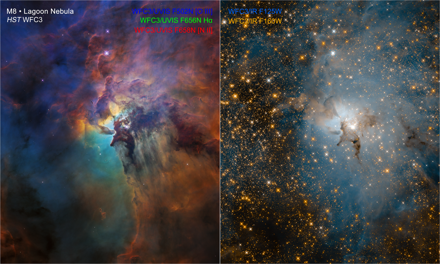 These NASA Hubble Space Telescope images compare two diverse views of the roiling heart of a vast stellar nursery, known as the Lagoon Nebula. The images, one taken in visible and the other in infrared light, celebrate Hubble's 28th anniversary in space.