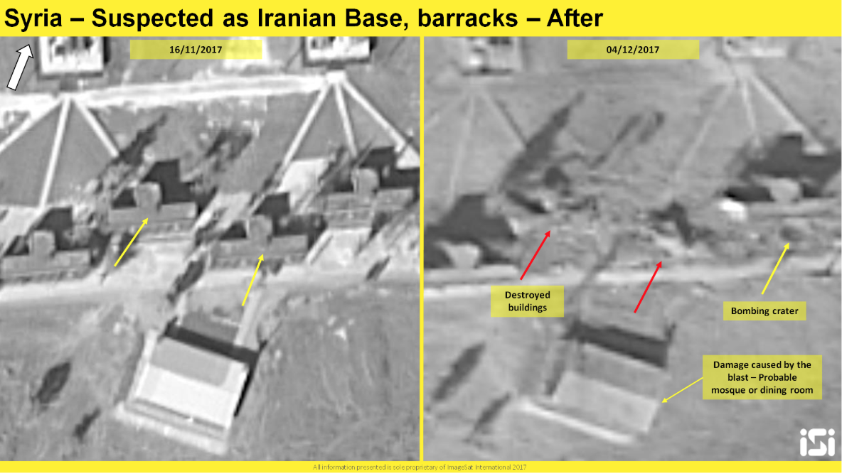 A satellite image showing the results of an alleged Israeli airstrike on a reported Iranian base being set up outside Damascus, from November 16, 2017 and December 4, 2017.