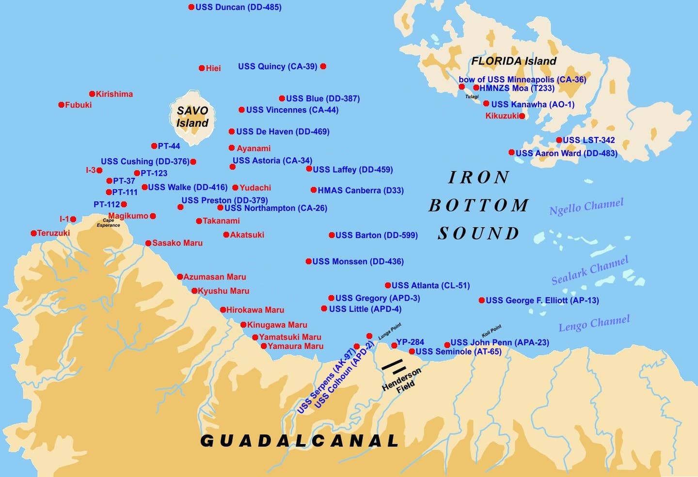 A chart of Iron Bottom Sound, located north of Guadalcanal, showing the numerous ships lying on the seafloor, including the remains of USS Serpens at Lunga Point.