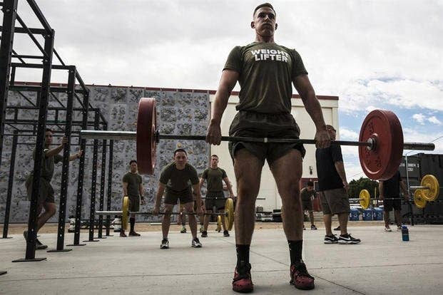Marine Corps Sgt. Joshua Morris executes a Romanian deadlift during a High Intensity Tactical Training Level 1 instructor course.