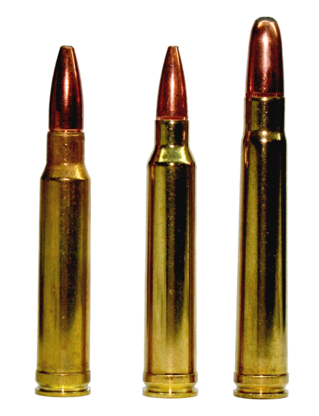 .300 Winchester Magnum (center) flanked by its parent cartridges.