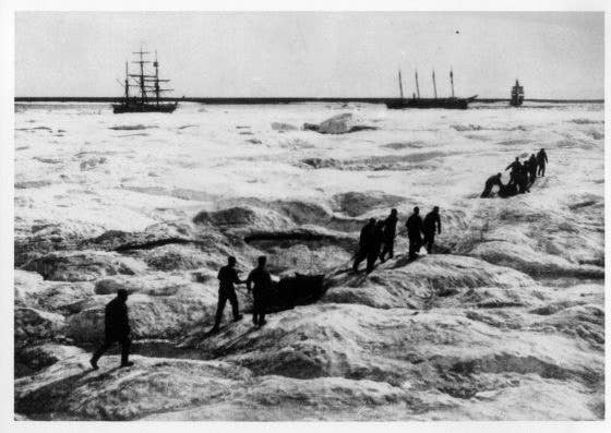 The 1897 Overland Expedition approaches whalers trapped in the Arctic ice at Point Barrow, Alaska