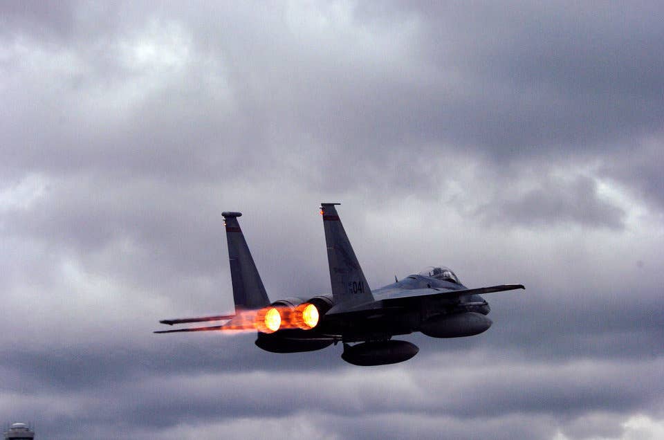 An F-15 Eagle from the 142nd Fighter Wing takes off from Portland Air National Guard Base in Oregon during an operational-readiness inspection.
