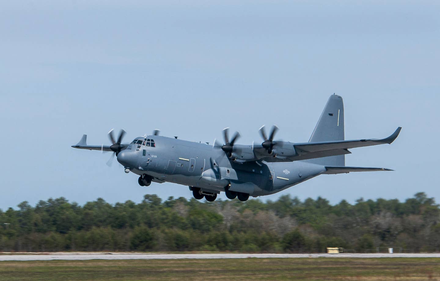 A MC-130J with the 413th Flight Test Squadron takes off. Note the winglets on the plane.