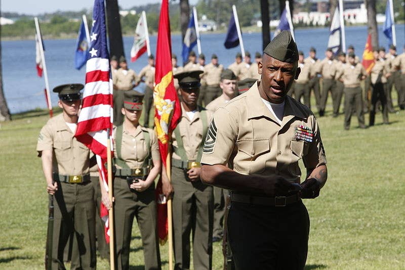 1st Sgt. Ambroga Carson Jr, addresses guests during his retirement ceremony on Camp Johnson N.C. (USMC photo)