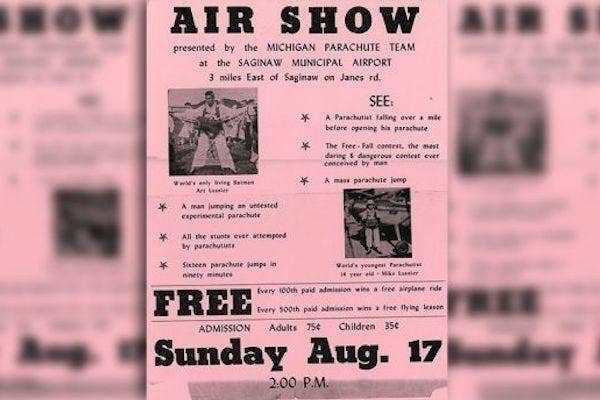 A flier for a Michigan Parachute Team event. The MPC was a group of young men who performed daredevil parachuting stunts.