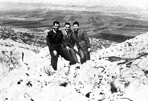 Eli Cohen (in the middle) with his friends from the Syrian army at the Golan Heights overlooking Israel. Civilians were not allowed to the Golan Heights since it had been heavily guarded military area.
