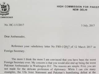 A letter from the Pakistan High Commission to the US Ambassador.