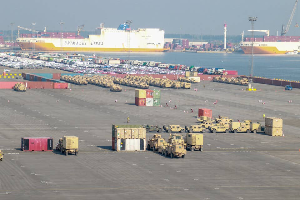 US Army combat vehicles assigned to the 1st Armored Brigade Combat Team unloaded in Antwerp, Belgium, May 20, 2018.