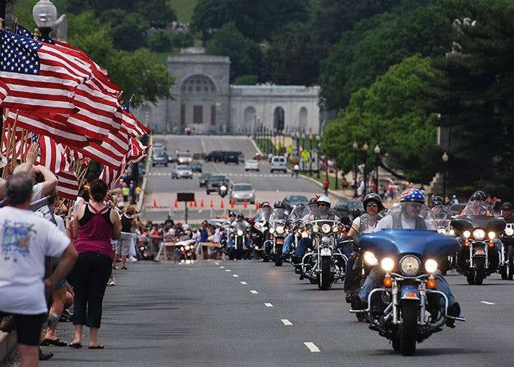 The annual ride by Rolling Thunder as it crosses the Memorial Bridge in Washington D.C.