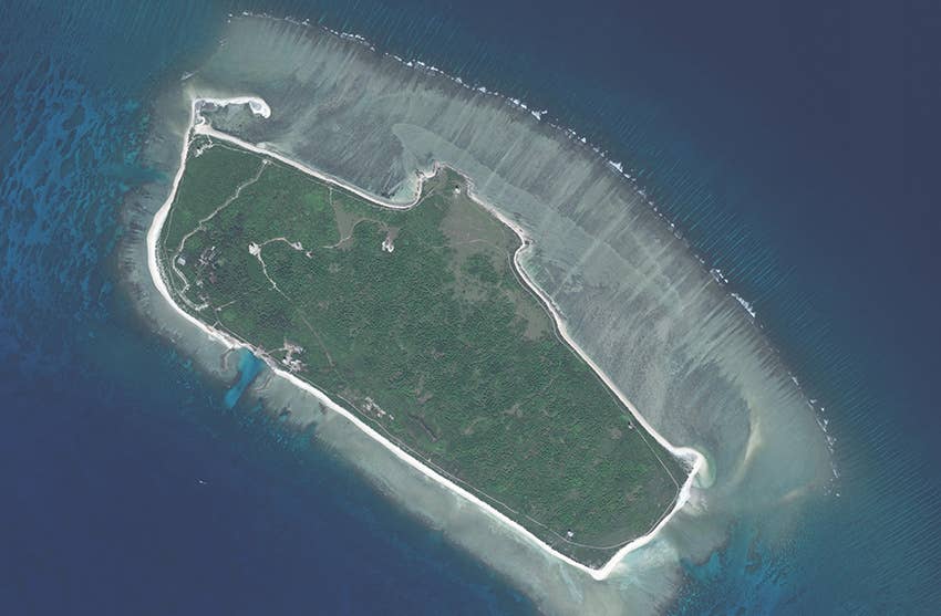 Satellite view of one of the islands part of the Paracel Islands in the disputed South China Sea.