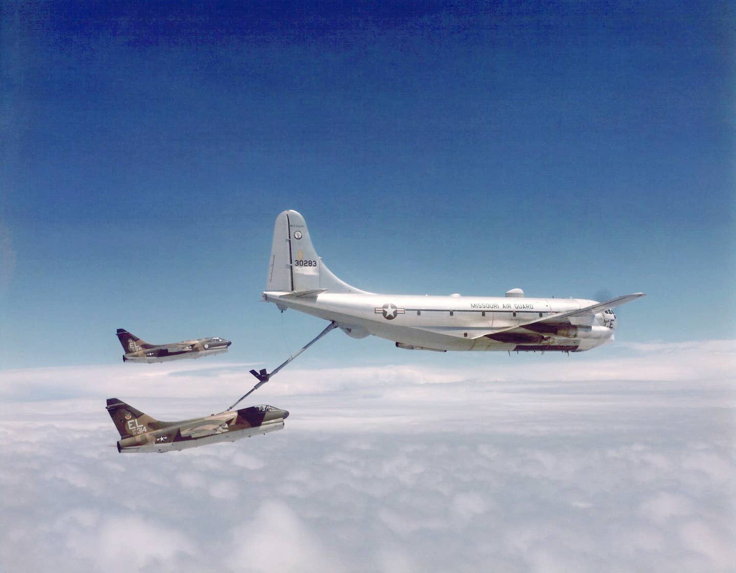 The KC-97 Stratofreighter was really an aerial refueling tanker, as seen in action with these A-7 Corsairs. (USAF)