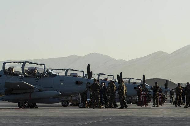 Four A-29 Super Tucanos arrive at Hamid Karzai International Airport, Afghanistan, Jan. 15, 2016.