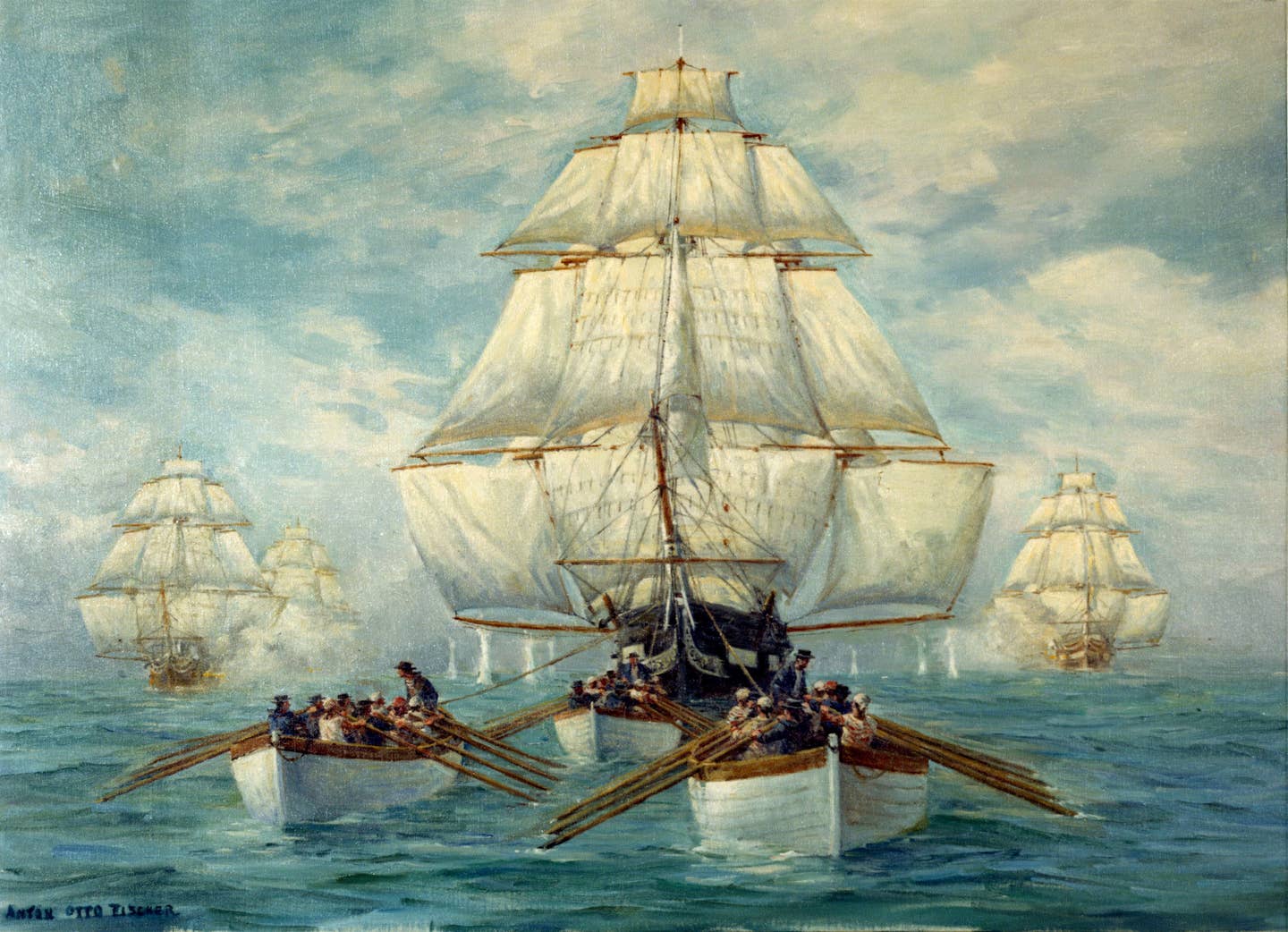 USS Constitution under pursuit <small>(Painting by Anton Otto Fischer)</small>