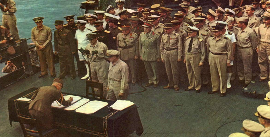 A still photo as the Japanese officially surrender.