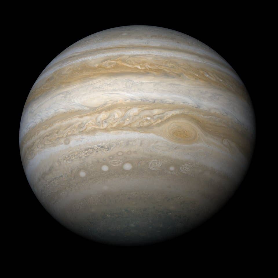 A map of Jupiter made by merging partial Juno and Cassini spacecraft imaging data.