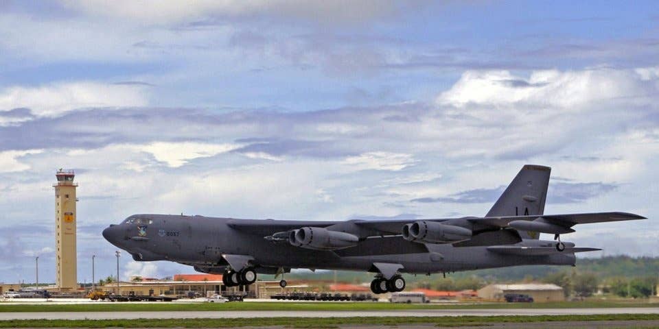 A B-52 Stratofortress takes off from Andersen Air Force Base, Guam, to participate in an exercise scenario.u00a0The aircraft, aircrew and maintainers are deployed from Barksdale AFB, La., as part of the continuous bomber presence in the Pacific region.
