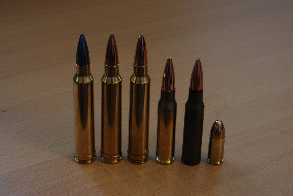 From left to right: .300 win-mag molybdenum disulfide coated hollow point boat tail, .300 win-mag match grade HPBT, .300 win-mag hunting, .308 match grade, .308 cheap russian, 9mm luger.