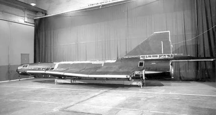 A previously classified photo of the Lockheed D-21 drone at the Skunkworks manufacturing facility.