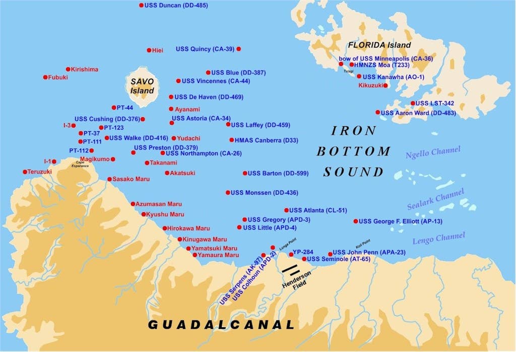 Chart of Iron Bottom Sound showing Tulagi (off Florida Island) and location of final resting place of Colhoun off Lunga Point, Guadalcanal.