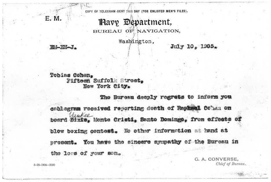 The telegram informing Cohen's family of his death.