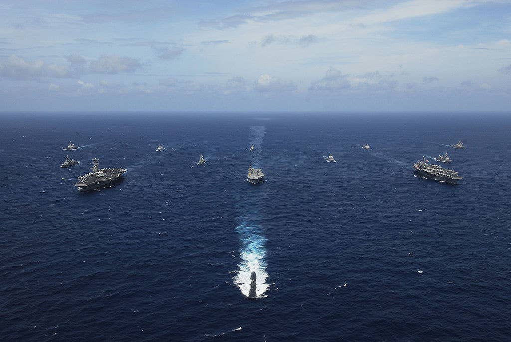 Ships of the United States, India, Japan,u00a0Australia, and Singapore in the Bay of Bengal.