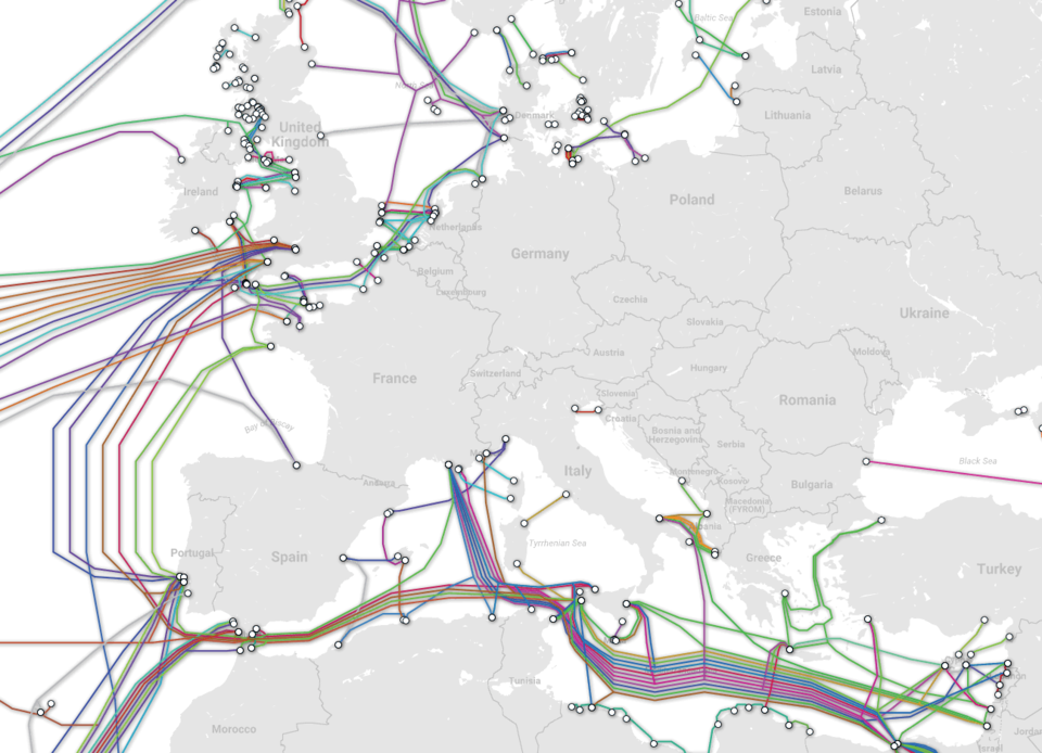 Europe's network of submerged cables in detail.