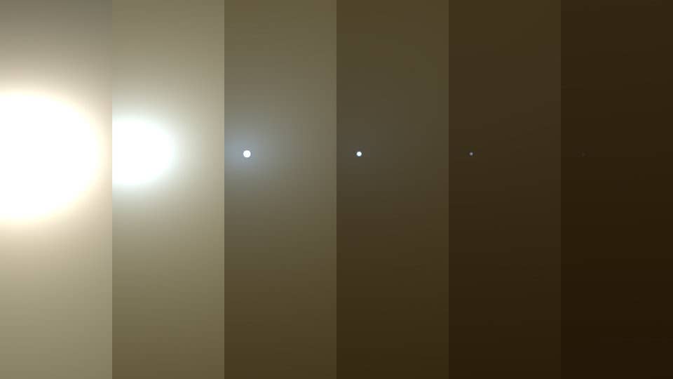 Simulated images show what NASA's Opportunity rover saw as a global dust storm on Mars blotted out the sun in June 2018.
