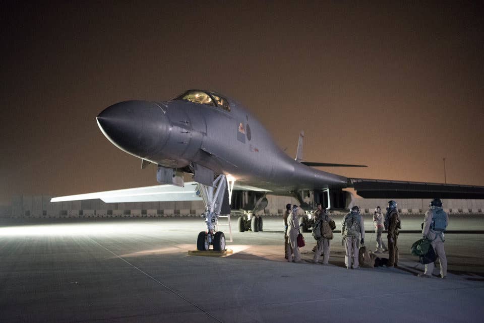 A US Air Force B-1B Lancer and crew at Al Udeid Air Base, Doha, Qatar, on April 14, 2018.
